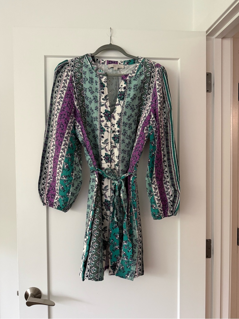LOFT Teal and Purple Mixed-Print Tie-Waist Mini Dress